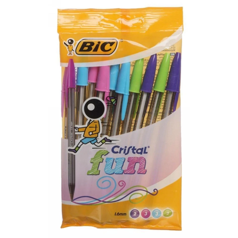 3 x BiC Cristal Fun Ballpoint Pens 0.6mm Nib Size Assorted Ink Pack Of 10