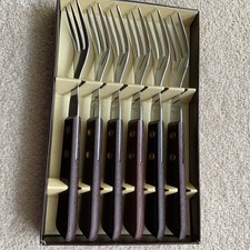 Vtg Boxed Set of 6 Steak Dessert Forks Stainless Steel Wooden Handles Unused