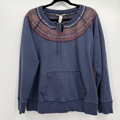 Lucky Brand Sweatshirt Womens Large Blue Boho Embroidered Studded Scoop Neck