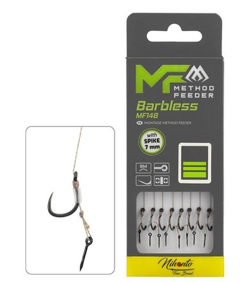 8x 10cm METHOD FEEDER MF14 BARBLESS Haken Rig mit 7mm Spike geflochtener Schnur
