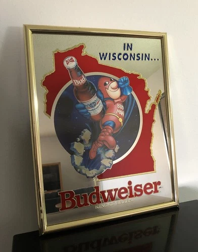Vintage Budweiser Beer Flying Bud Man Wisconsin Mirror Bar Budman Sign 1991-18”