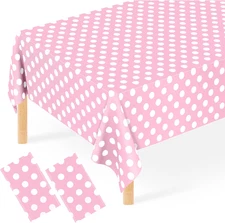 2 Pcs Light Pink Polka Dot Table Cloth, Disposable Plastic Pink & White 54 X 108