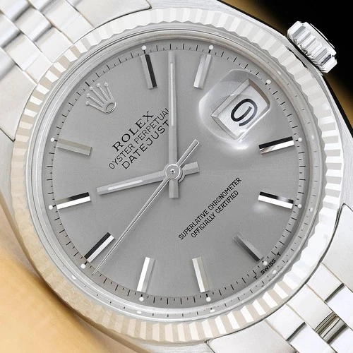 ROLEX DATEJUST 1601 GRAY DIAL 18K WHITE GOLD STEEL FOLDED BRACELET WATCH