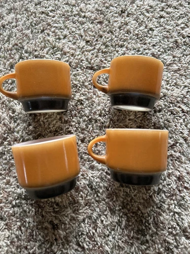 Vintage Anchor Hocking Fire King Stackable Glass Coffee Mugs ORANGE & BROWN (4)