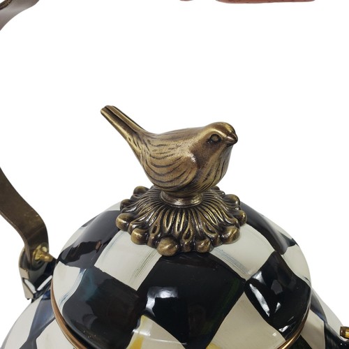 MACKENZIE CHILDS Courtly Check 3QT Enamel Tea Kettle Teapot Bird Finial READ - Picture 6 of 12