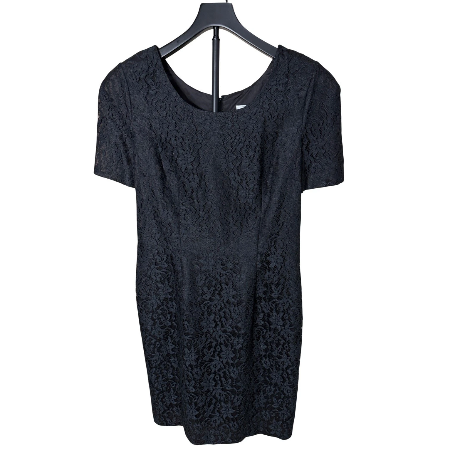 BYBNY Vintage Black Floral Lace Sheath Dress Short Sleeve Scoop Neck Size 12 USA
