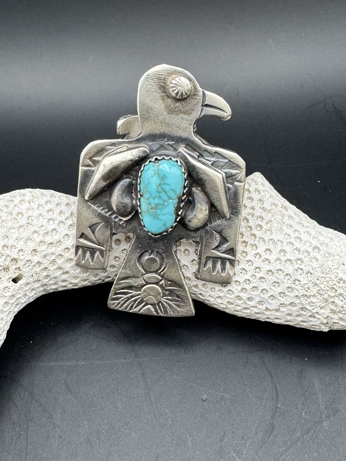 Native American Turquoise & Oxidized Silver Thunderbird Adjustable Ring Stamped