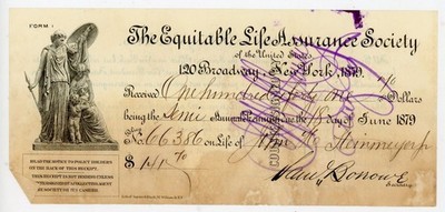 1879 Equitable Life Assurance Society Insurance Premium Receipt New York Signed