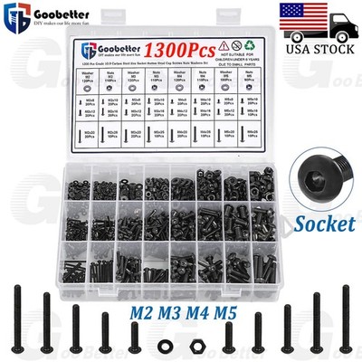 1300Pcs M2 M3 M4 M5 Black Metric Screw Assortment Kit Hex Socket Button Head Cap