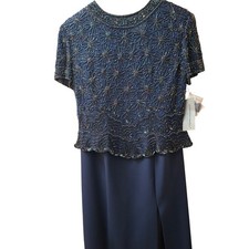 Adrianna Papell Navy Blue Beaded Top & Skirt Long Gown with Slit Dress Sz XL NWT