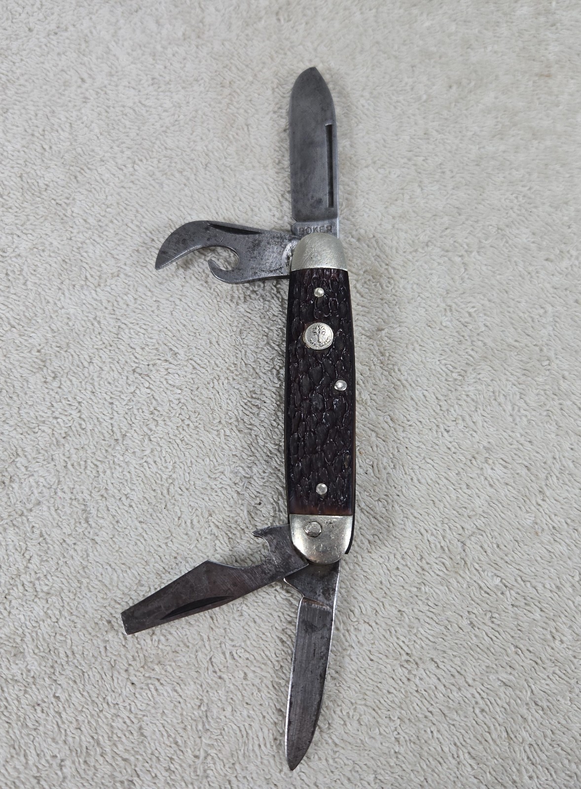 Vintage Boker USA Tree Brand 9361 Scout Utility Pocket Knife 4 Blade Jigged Hand