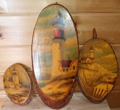 3 Vintage Bailey Island ME Lighthouse Tree Slice Paintings Estate Find