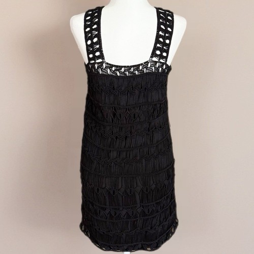 DVF Liza Black Macrame Crochet Sleeveless LBD Cocktail Mini Dress Size Medium - Picture 5 of 17