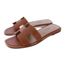 HERMES Oran Sandals Flat Leather 35.5 Brown/KH Ladies