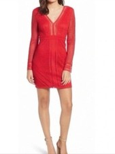 ASTR The Label Red Crochet Lace Deep V-Neck Cocktail Dress Long Sleeve Small
