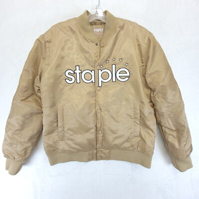 Staple Pigeon Satin Bomber Jacket Coat Men's Size L Tan Beige Snap Button 