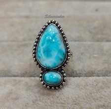 Two Stone Larimar handmade designer Ring 925 Silver Jewelry All Size Size