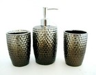 3 PC SET BROWN,SILVER METALLIC DOTTED TEXTURED SOAP DISPENSER,TUMBLER,TOOTHBRUSH
