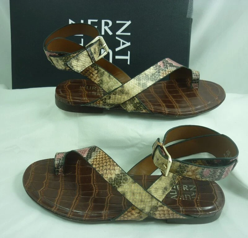 Naturalizer Sally Ankle Strap Flat Sandals Sz 6.5 Mauve Snake
