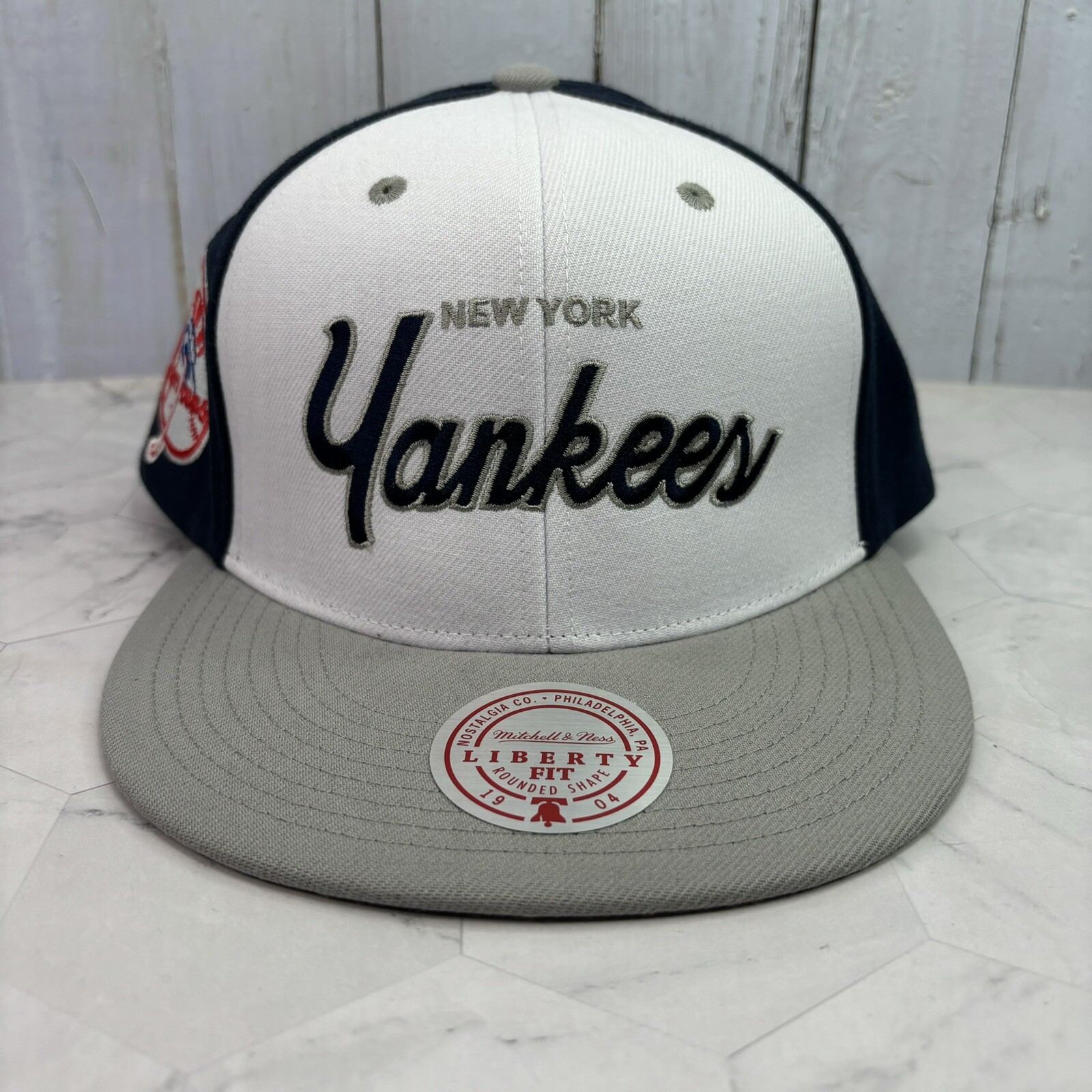 New York Yankees Mitchell & Ness Block Script SnapBack Hat Cap Navy Blue White