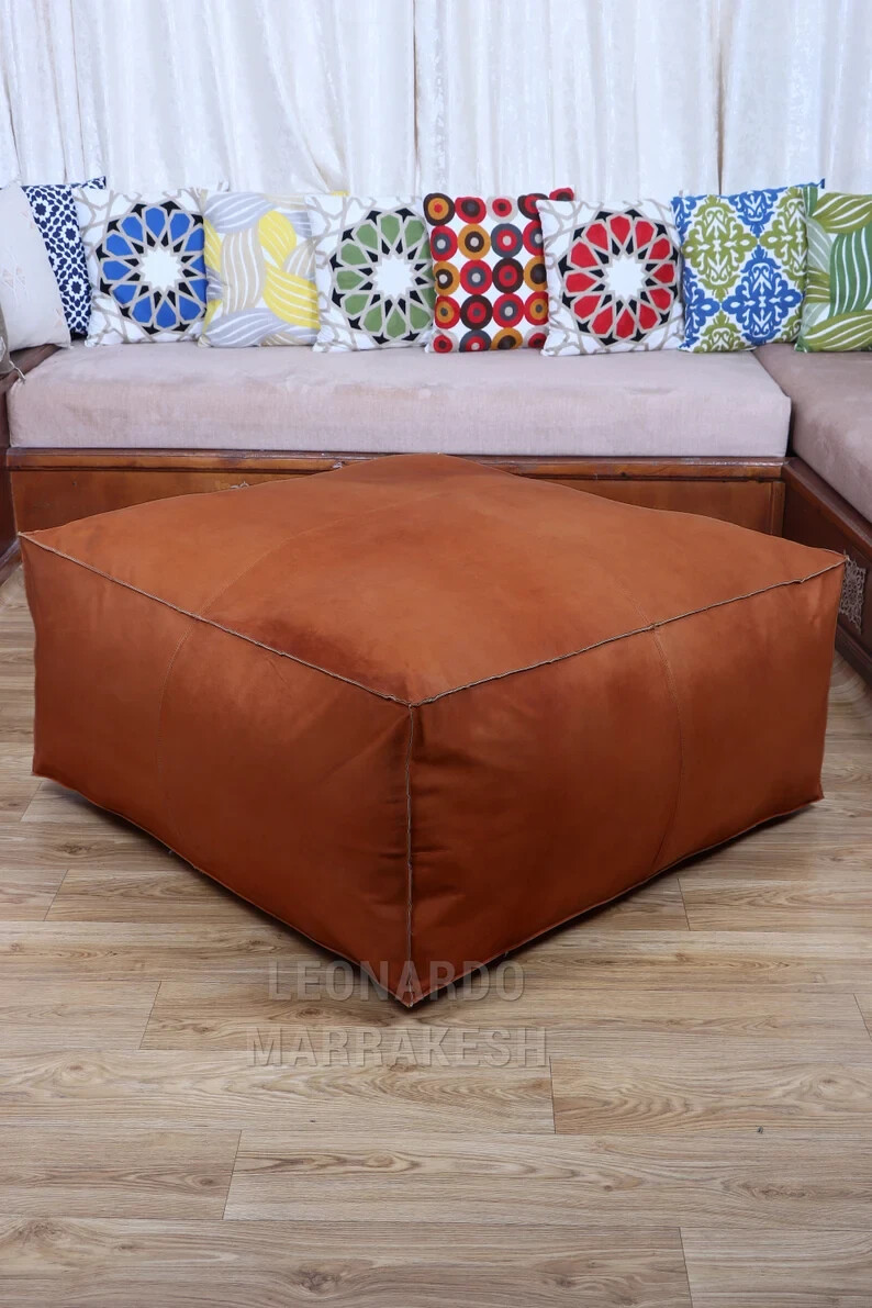 Leather Ottoman Boho Pouffe Footstool New Genuine 30'' Brown Unstuffed Moroccan