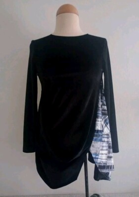 Andria Lieu Misty Velour Geometric Hem, Drape Side Tunic Blue, Black Women SZ Sm