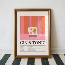 Colorful Gin and Tonic Cocktail Recipe, Kitchen Wall Art Print, Bar Cart Decor