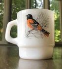 Vintage Fire-King White Milk Glass Bird Mug Baltimore Oriole Chickadee Fire King