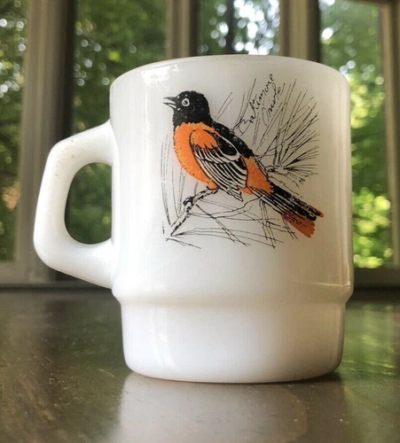 Vintage Fire-King White Milk Glass Bird Mug Baltimore Oriole Chickadee Fire King