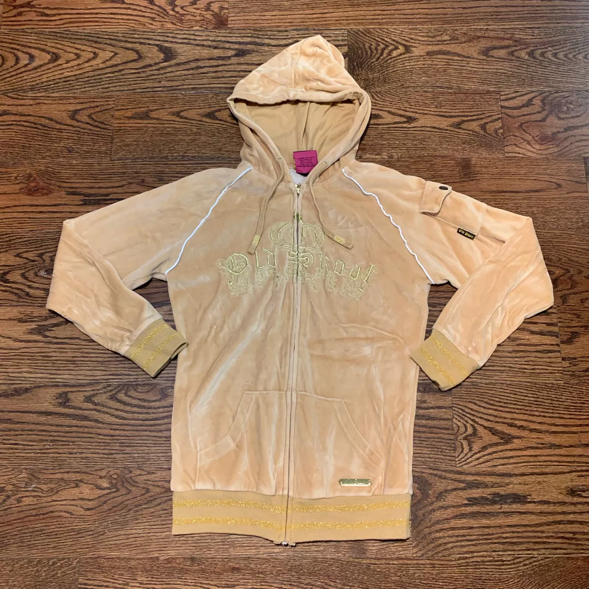 Vintage Old Skool Urban Wear Streetwear Zip Up Beige Hoodie Velour Men s M