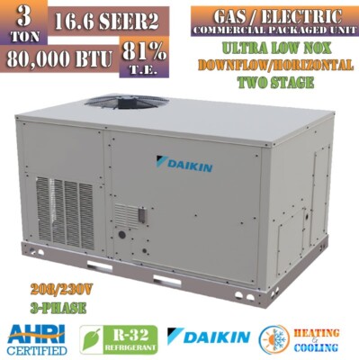 Daikin 3 Ton 16.6 SEER2 80000 BTU AC Gas Package Unit Ultra Low NOx 81% 208/230V