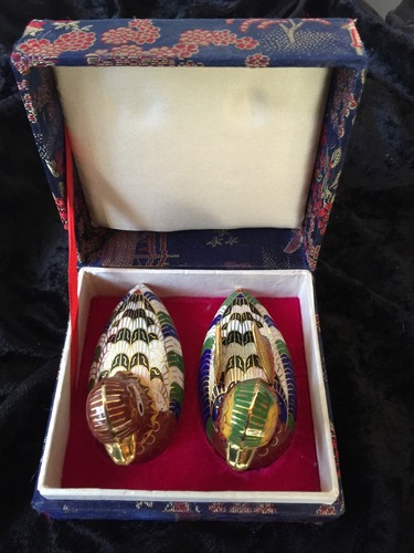 Cloisonne Pair Of Ducks In Box Enamel On Brass In Original Box - Picture 5 of 12