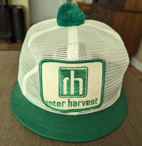 Vintage Rare Inter Harvest Short Brim Pom Trucker Farmer Patch Hat Green 1970s