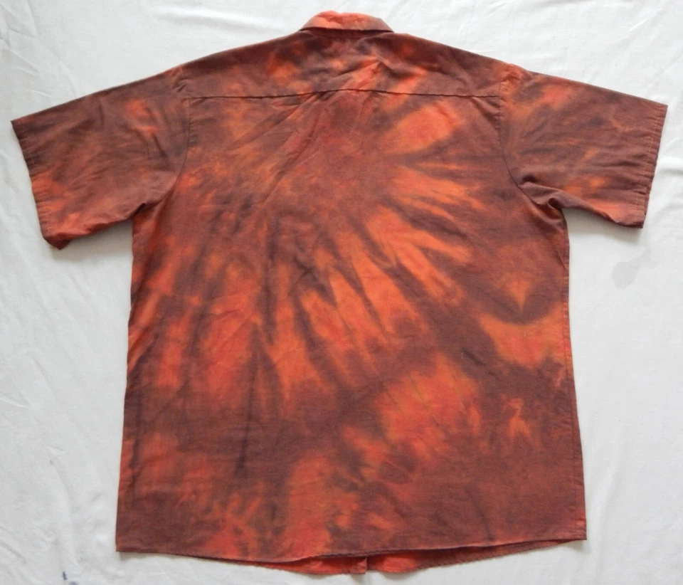 Tie Dye Orange Black Spiral Short Sleeve Button Up Shirt - 2XL Mens Hand Made XX - Image 2 of 4