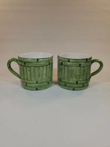 Set Of 2 Vintage Green Majolica Basketweave 3" Tall Coffee Cups Made in Italy
