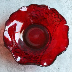 Beautiful-Vintage-Ruby-Red-Glass-Ruffled-Console-Bowl-Grapes-Cherries