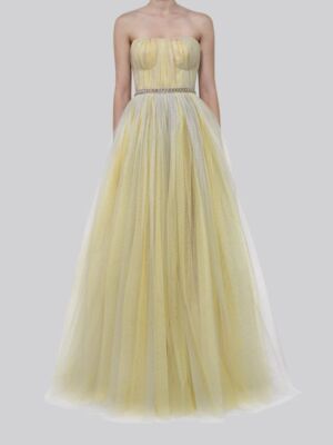 $6300 Reem Acra Women's Yellow Strapless Gathered Tulle Gown Dress Size 4