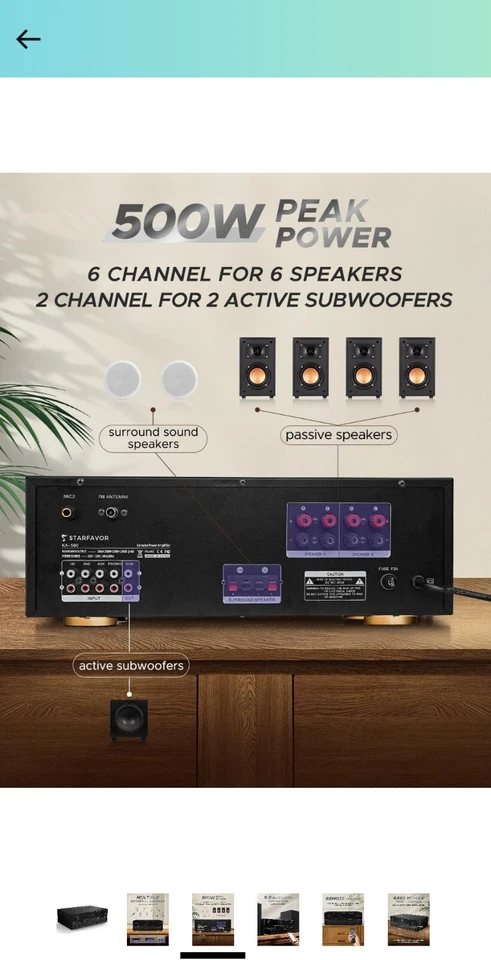 Starfavor Bluetooth Stereo Receiver w Phono Inputs, 2.1 Channel 500W Peak Power - Image 3 of 4