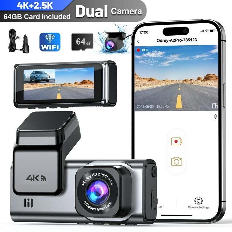 Dual 4K+2.5K Dash Cam with WDR, 5G WiFi, and 68GB Card for Cars-image