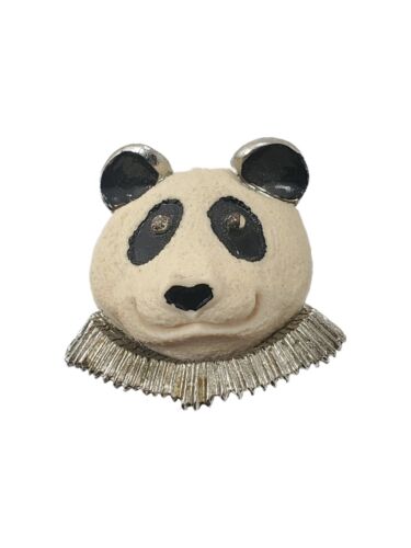 Vintage 70s Luca Razza Signed Casted Resin Panda Head Brooch Pin Silver Accents - Picture 1 of 7