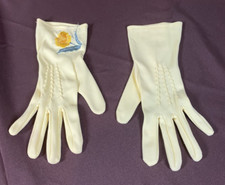 Vintage Yellow Fabric Gloves Size Small Stretch Unlined w Embroidered Flower