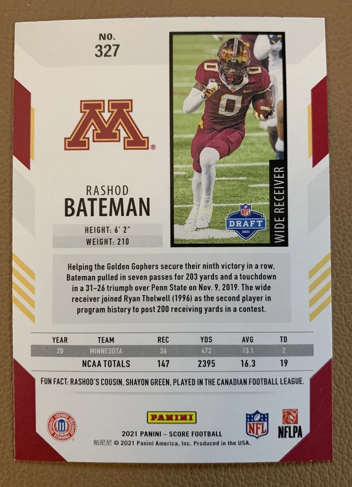 2021 Panini Score Footbal RASHOD BATEMAN Rookie RC Card  #327 - Baltimore RAVENS - Image 2 of 2