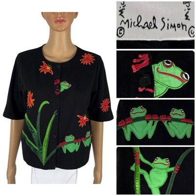 Michael Simon Lite Womens Small Top Frog Applique Button Front Black Floral