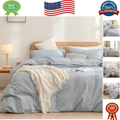 Luxurious 3PC Queen Duvet Cover Set - Soft 100% Washed Cotton in Cornflower Blue