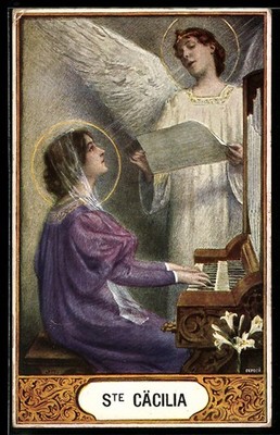 Postcard patron saint St. Cecilia plays on an organ and an angel sings to it 