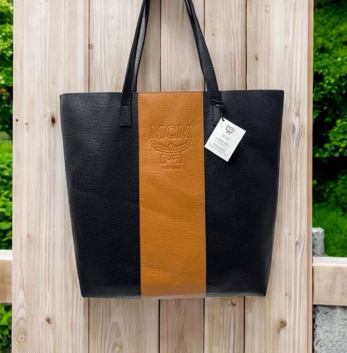 New MCM Parfums Tote Bag Black/Tan Faux Leather Embossed Logo GWP