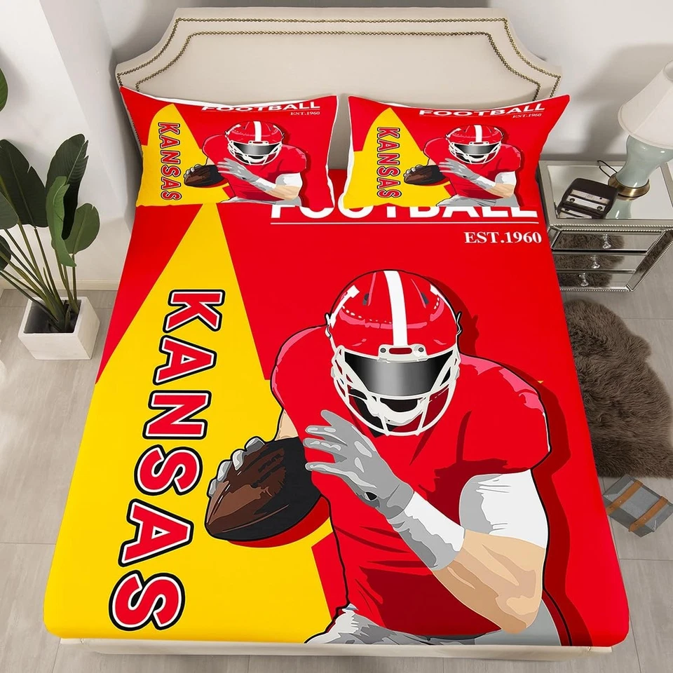Football Bed Sheets Set Twin Size Kansas Sheet Set American Football Player W... - Image 3 of 4