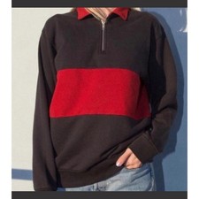 John Galt Brandy Melville Womens Quarter Zip Sweatshirt Grey Red Colorblock OS