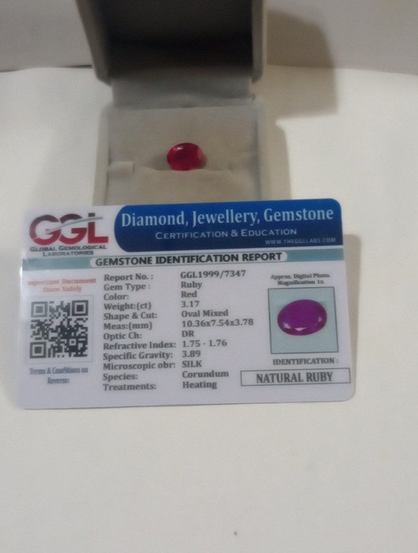 NATURAL EARTH MINED GGL CERTIFIED GEM TESTED HEATED OVAL RED RUBY 3.17 CTS.