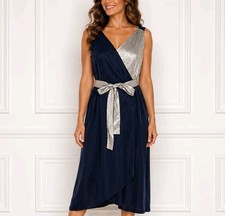 Oliver Bonas Cupro Wrap Midi Dress Navy Silver Metallic Party Wedding UK 10